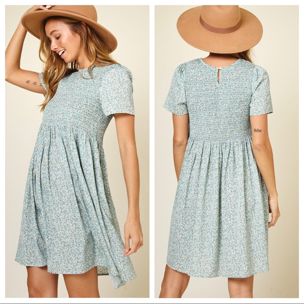 Boho Hottest Style Trendy Short Sleeve Smocked Front Floral Babydoll Dress